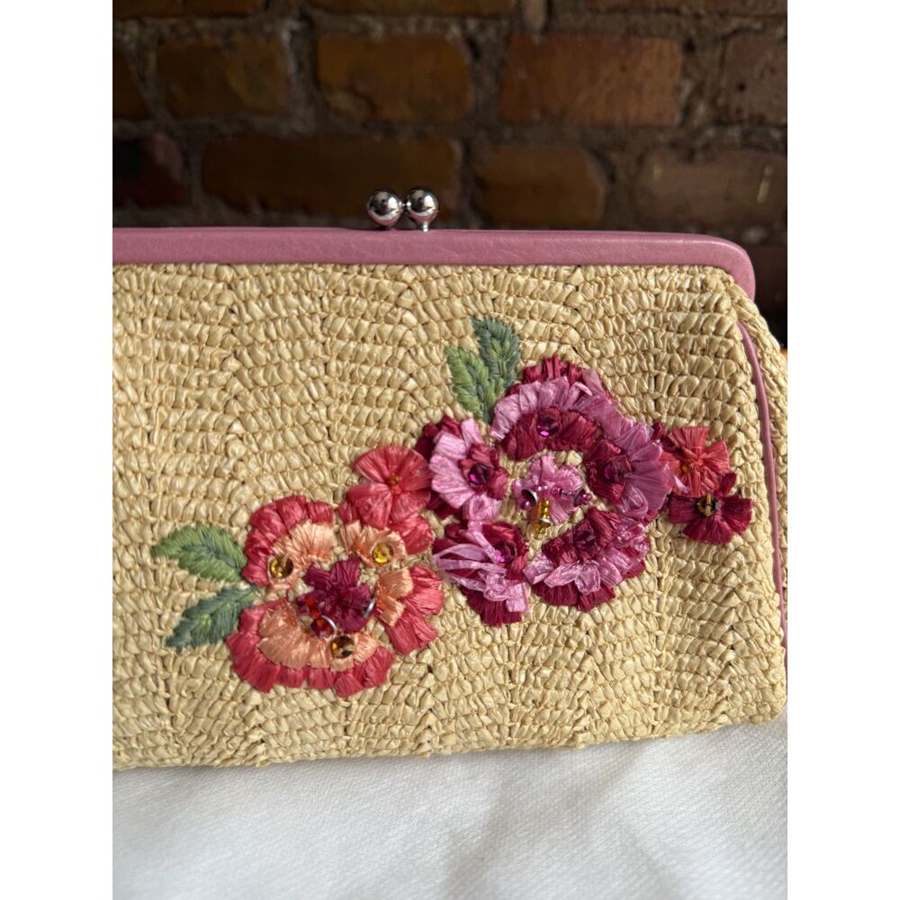 Christian Dior Raffia Floral Embroidered Kiss Lock Clutch Bag Pink - Picture 2 of 10